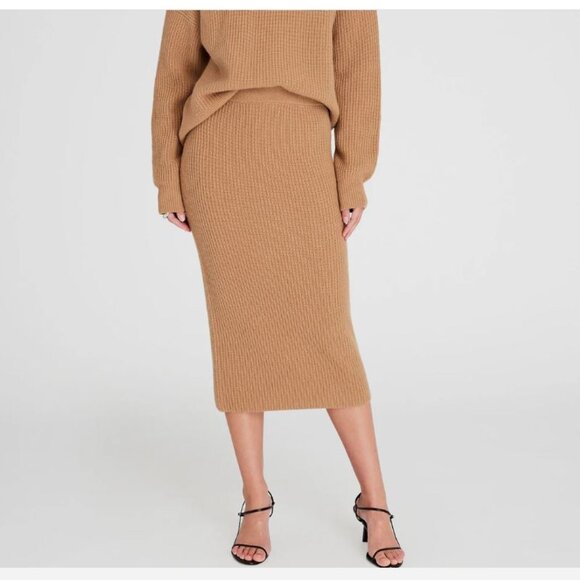 CLUB MONACO Cashmere Ribbed Midi Skirt, camel, sz L - Picture 1 of 8